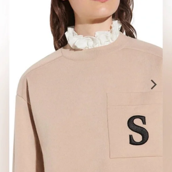 Sandro Lucille Ruffled Collar Monogram Embroidered Beige Sweater GUC - Picture 3 of 5